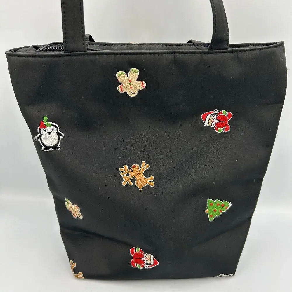 Womens Black‎ Embroidered Christmas Holiday Handbag Party